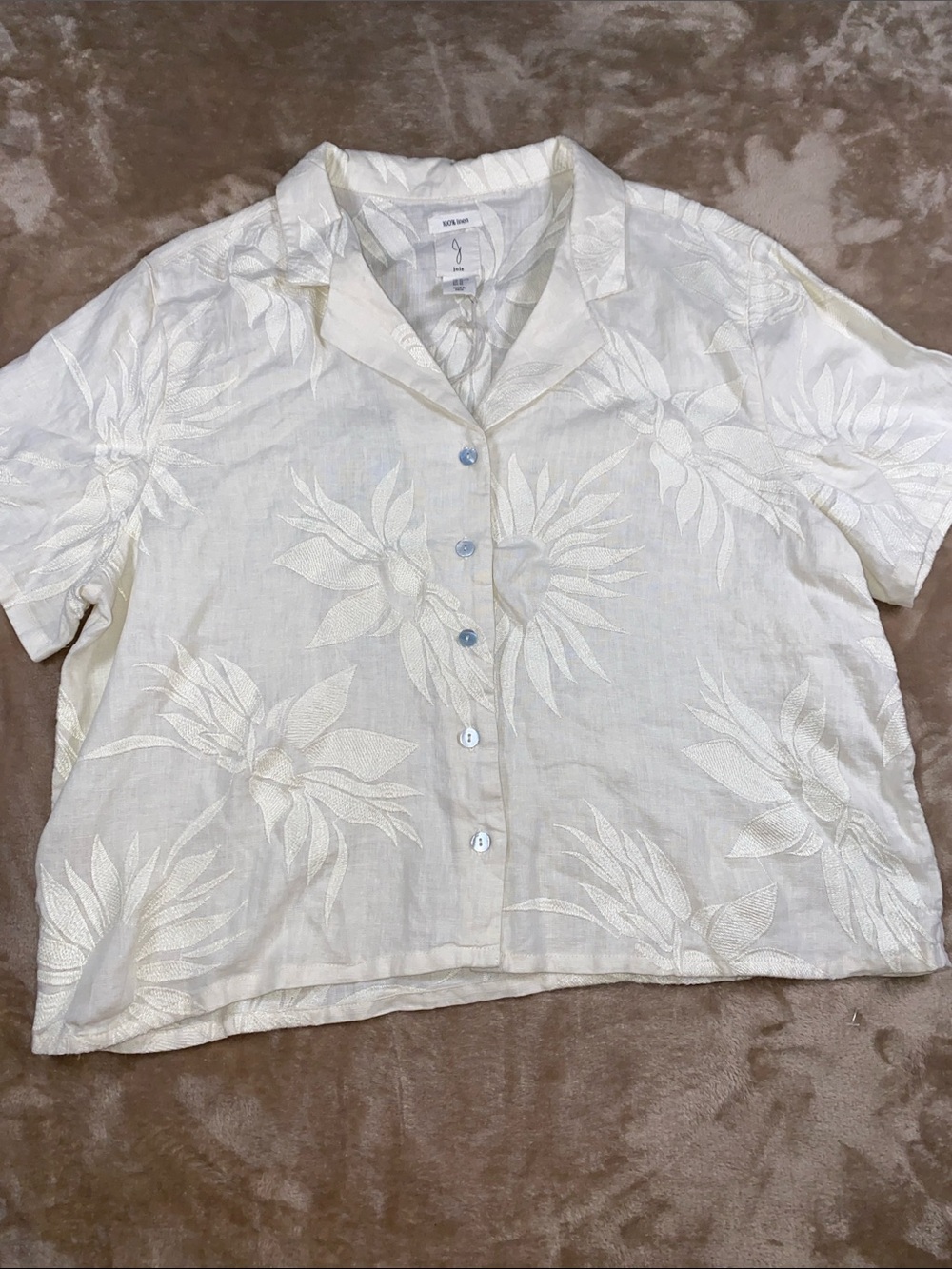 Joie Ivory Linen Floral embroidered Short-Sleeve Button-Down Shirt